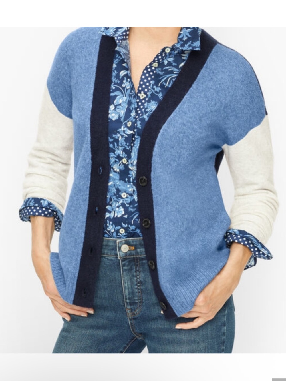 Talbots blue and gray colorblock cardigan sweater